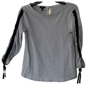 TALBOTS Petite Small Ruched‎ 3/4 Sleeve Boat Black White Stripe Tee Top Women's